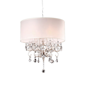 21" Tall Metal Chandelier With Silver Finish, White Shade With Crystal Accents Pink Metal