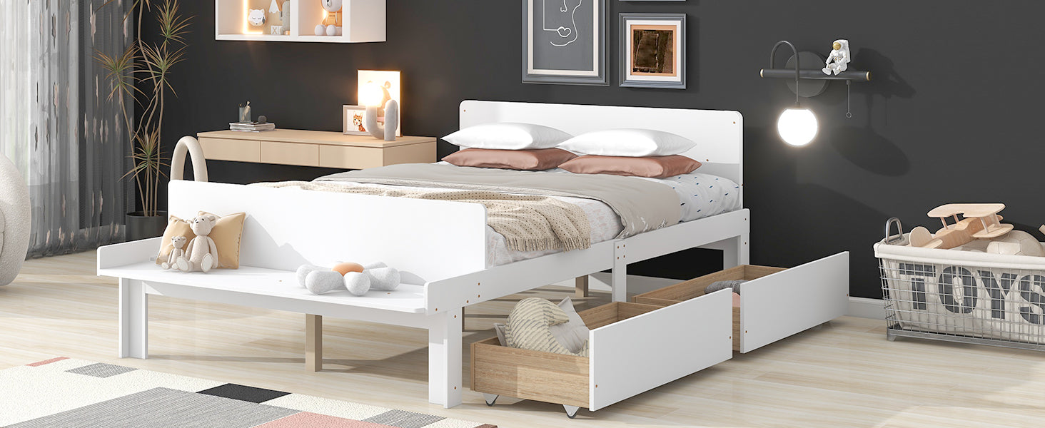 Full Bed With Footboard Bench,2 Drawers,White Full White Wood Bedroom American Design Pine Pine