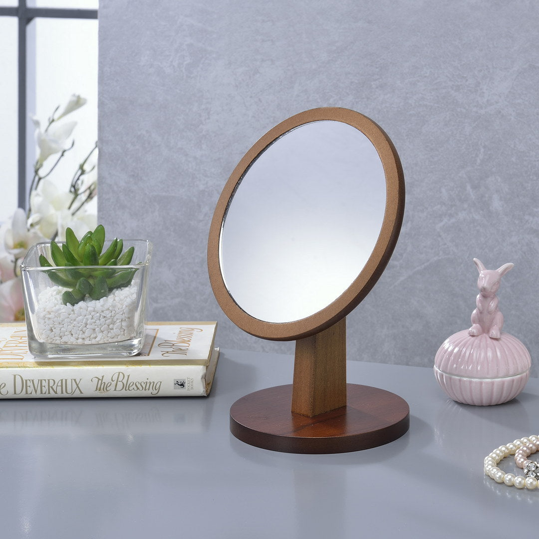 9.5" Tall Polyresin And Wood Make Up Mirror On A Pedestal, Walnut Finish Multicolor Wood