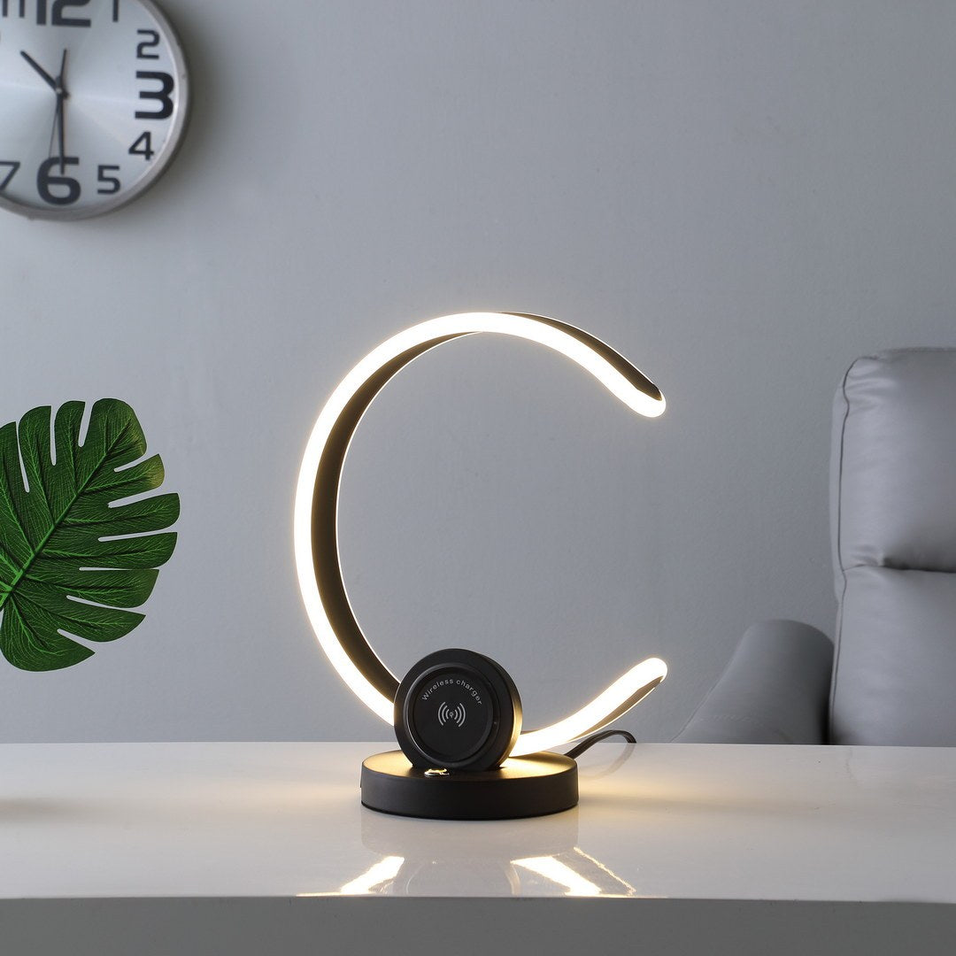 13.25" In Modern C Shape Led W Usb Wireless Charger Port & Touch Dimmer Black Table Lamp Black Metal