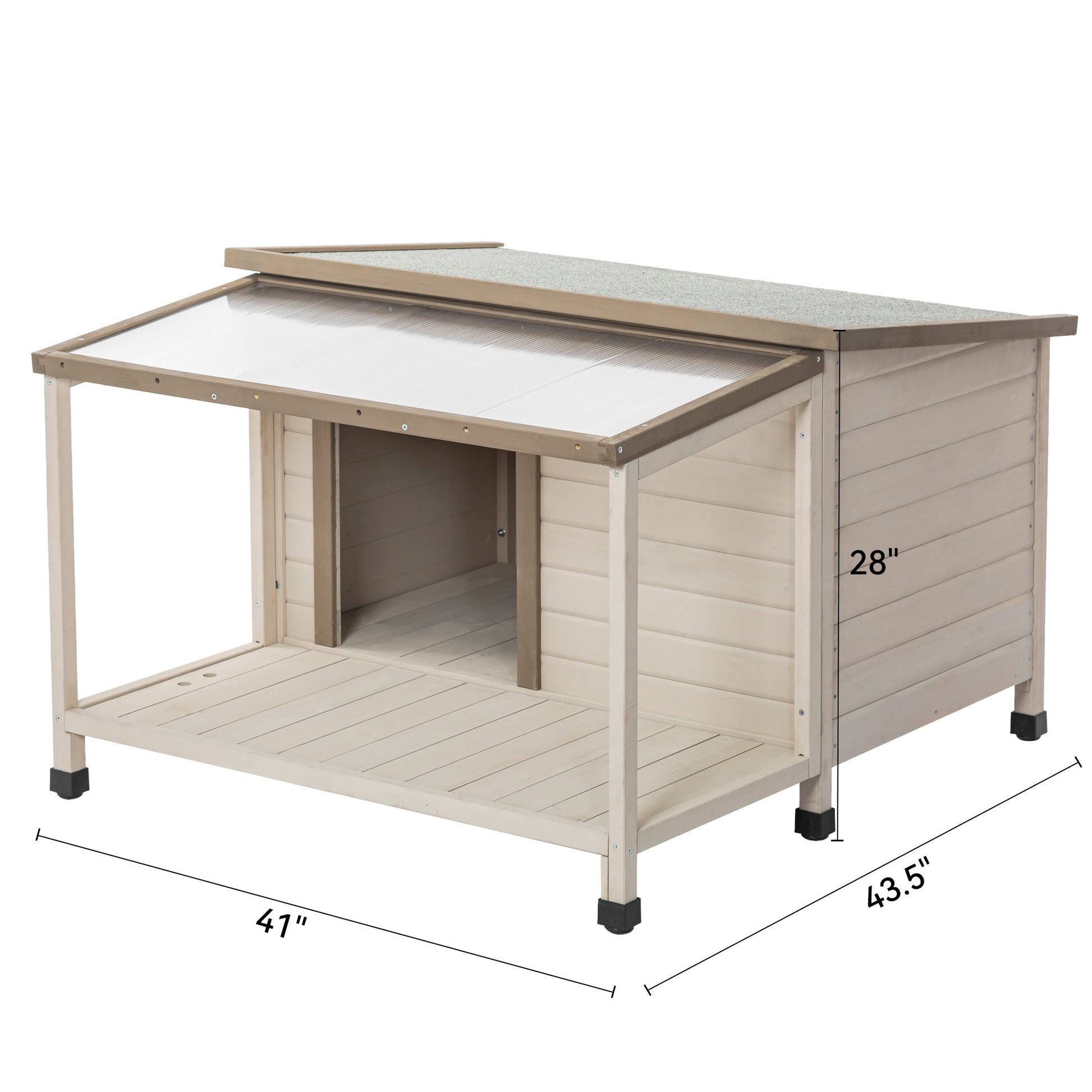 Outdoor Fir Wood Dog House With An Open Roof Ideal For Small To Medium Dogs. Dog House With Large Terrace With Clear Roof.Weatherproof Asphalt Roof And Treated Wood. Cream Solid Wood