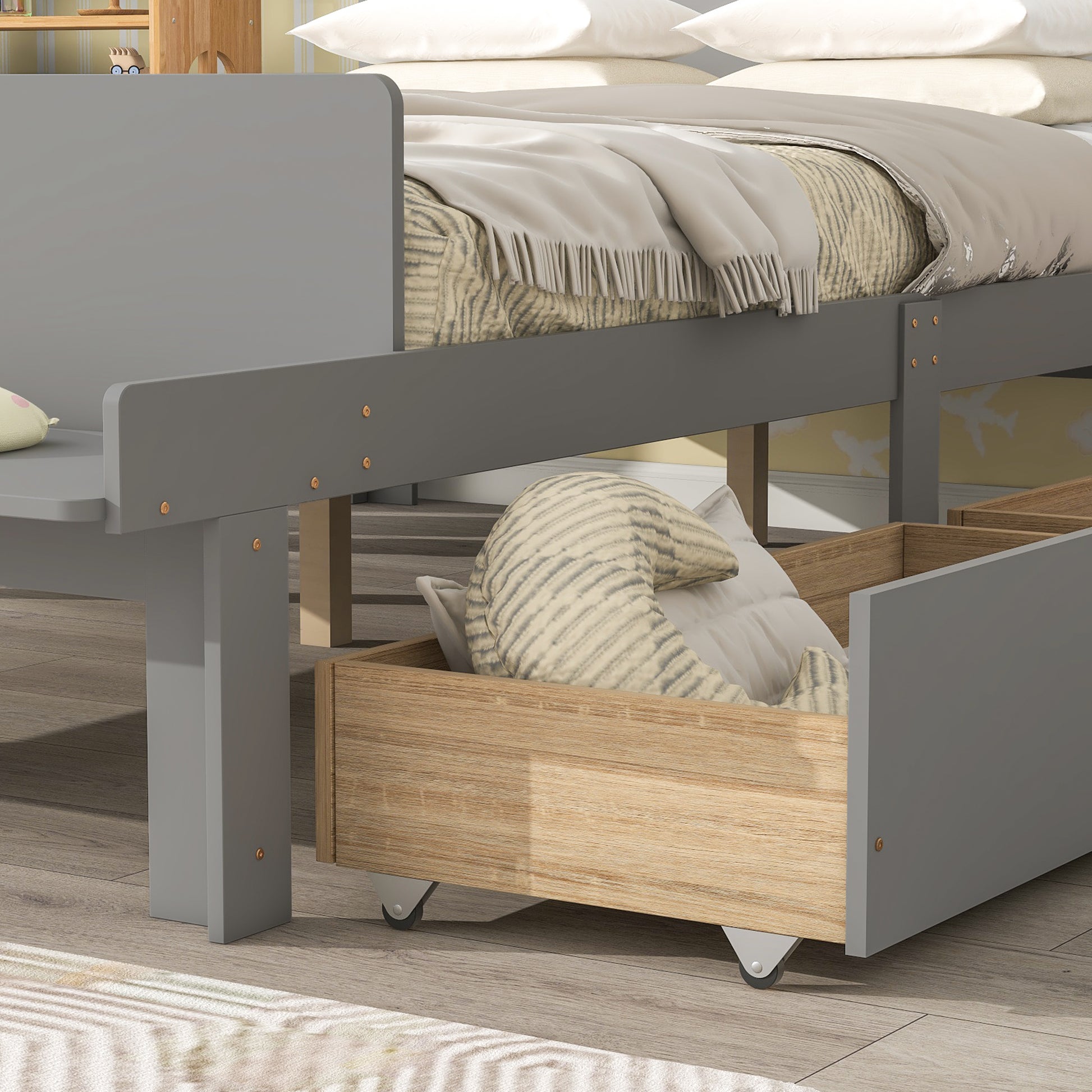 Full Bed With Footboard Bench,2 Drawers,Grey Full Grey Wood Bedroom American Design Pine Pine