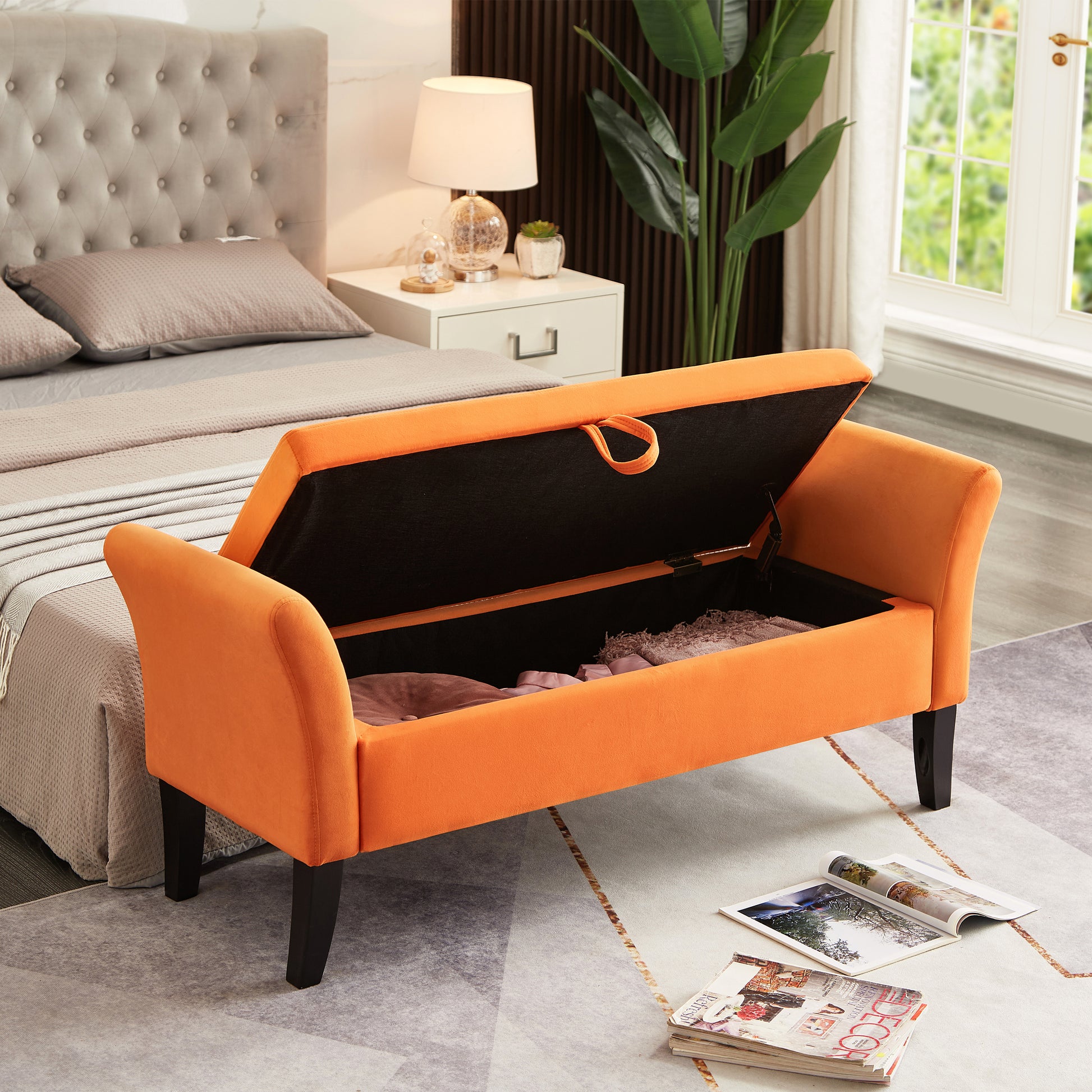 51.5" Bed Bench With Storage Orange Velvet Orange Foam Velvet