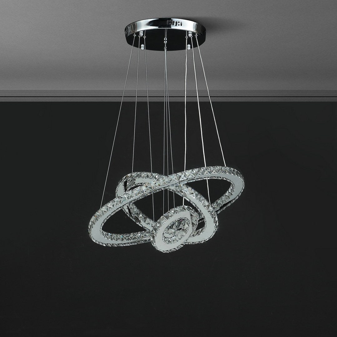 11.8" To 47.2" In Adjustable Height Eira Small Triple Hoop Modern Crystal Stainless Pure White Color Led Remote Control Dimmer Chandelier Silver Steel