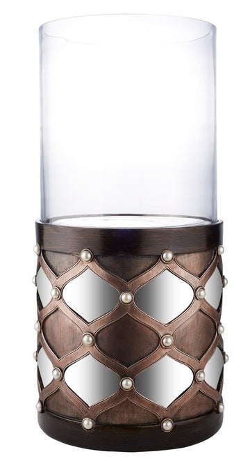 22" Tall Candleholder With Hurricane Glass, Arabesque Mirror Design Brown Polyresin