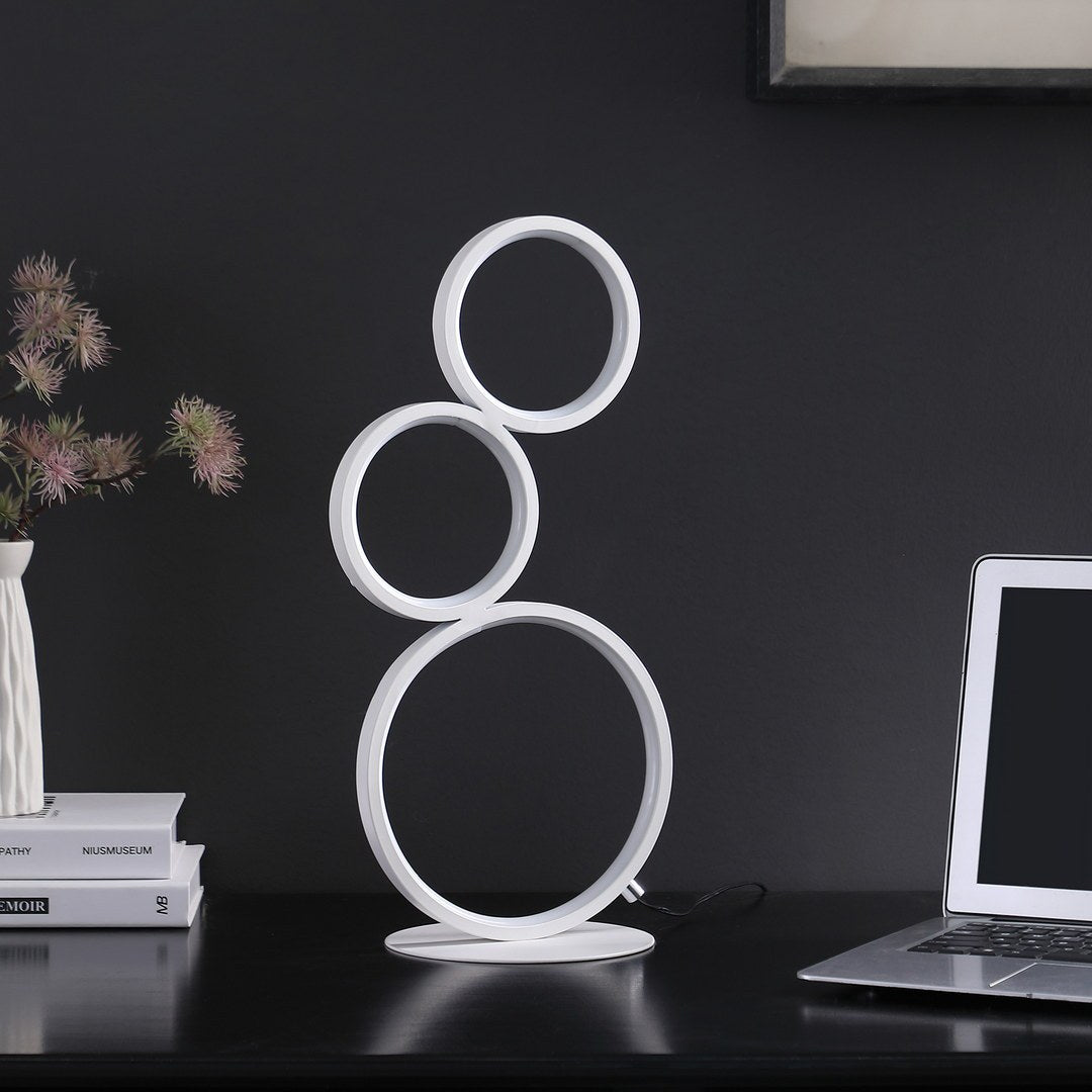 17" In 3 Ring Shaped Odu White Led Minimalist Metal Table Lamp White Metal