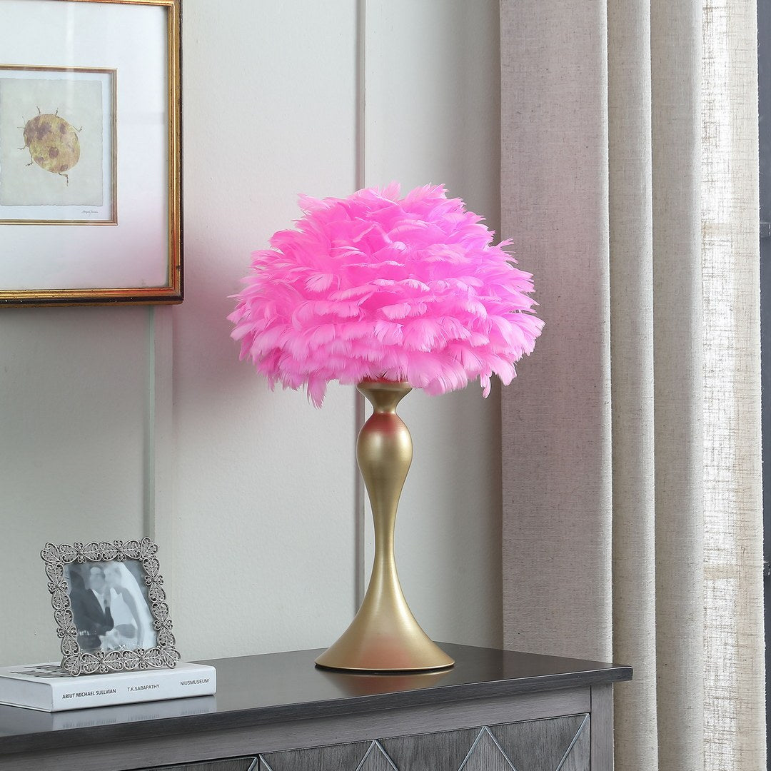 18.25"In Hot Pink Feather Aquina Satin Gold Metal Contour Glam Table Lamp Multicolor Metal