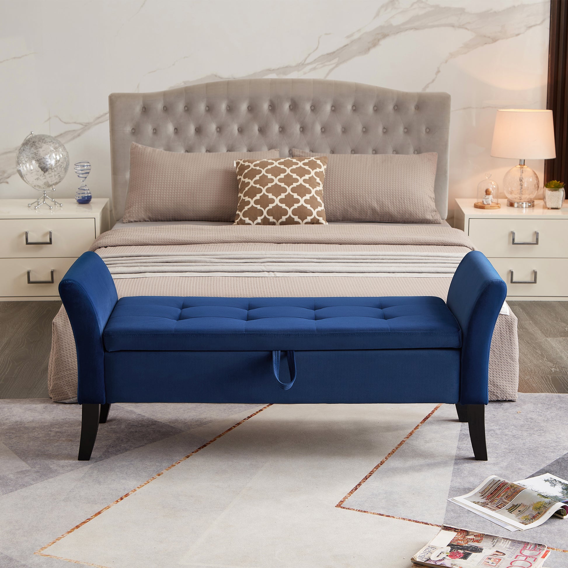 51.5" Bed Bench With Storage Navy Blue Velvet Navy Blue Foam Velvet