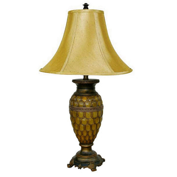 31" Tall Polyresin Table Lamp With Honey Finish, Gold Tone Linen Shade Multicolor Polyresin