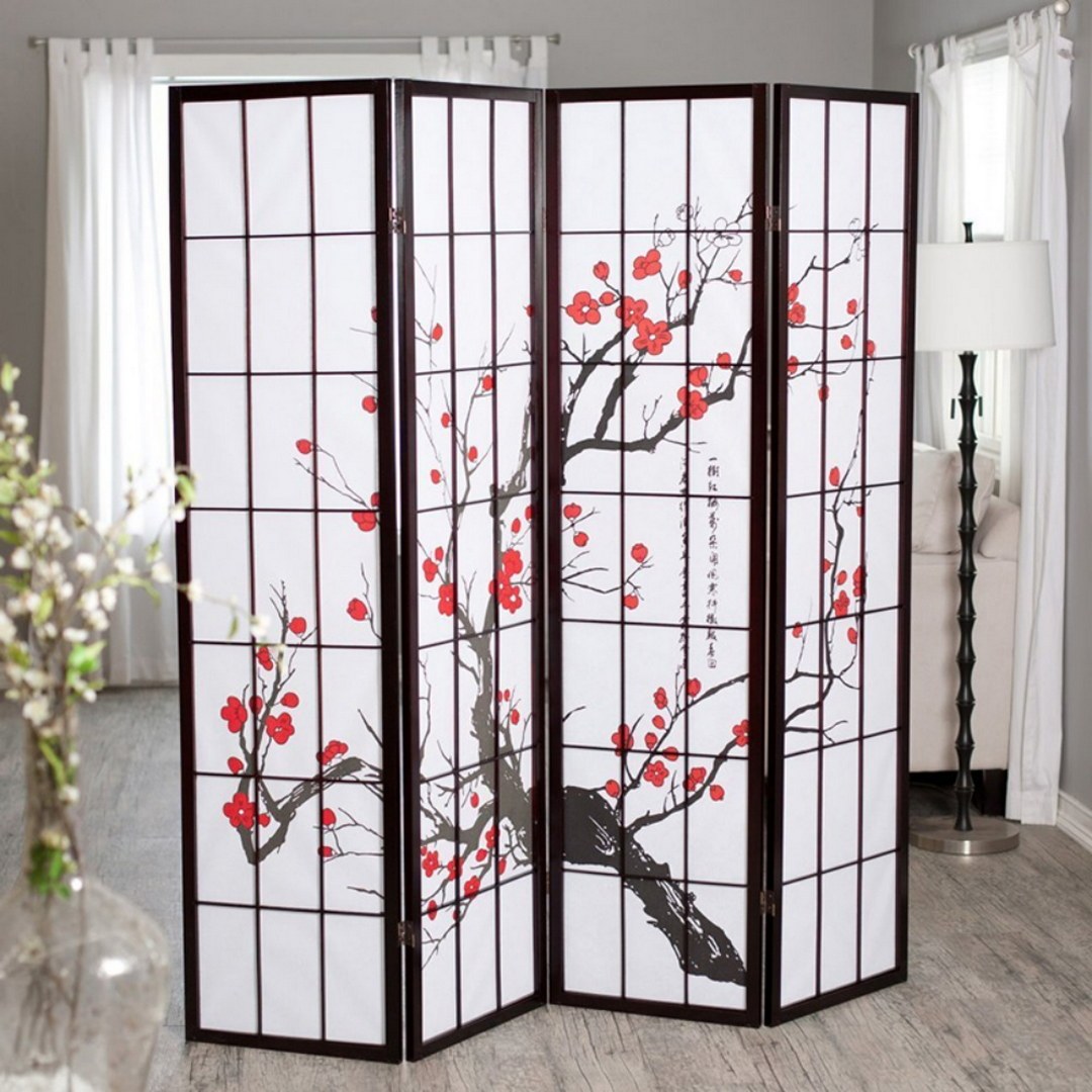 70" Tall 4 Panel Screen Room Divider, Plum Blossom Design With Black Finish Black Wood