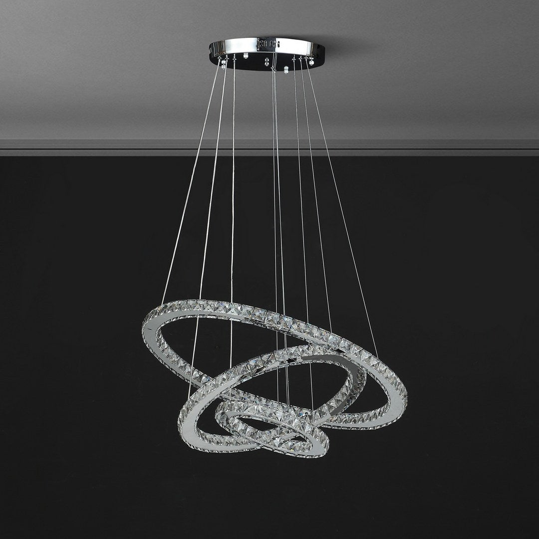 11.8" To 47.2" In Adjustable Height Else Medium Triple Hoop Modern Crystal Stainless Pure White Color Led Remote Control Dimmer Chandelier Silver Steel