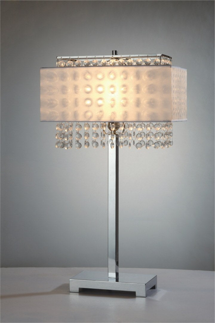 28" Tall Metal Table Lamp W Silver Finish, White Shade W Crystal Accents Multicolor Metal