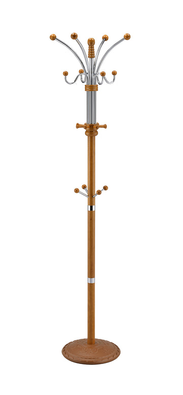 73" Tall Chrome And Wood Coat Rack, Oak Finish Oak Wood