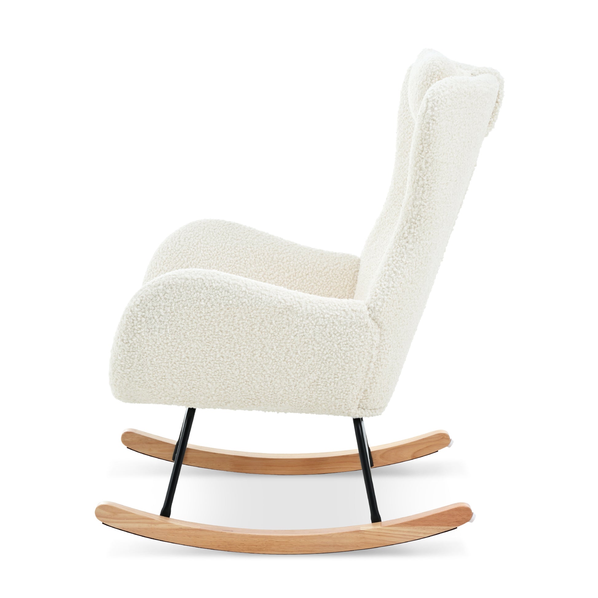 Rocking Chair Nursery, Teddy Upholstered Rocker Glider Chair With High Backrest, Adjustable Headrest & Pocket, Comfy Glider Chair For Nursery, Bedroom, Living Room, Offices, Rubber Wood, White White Polyester