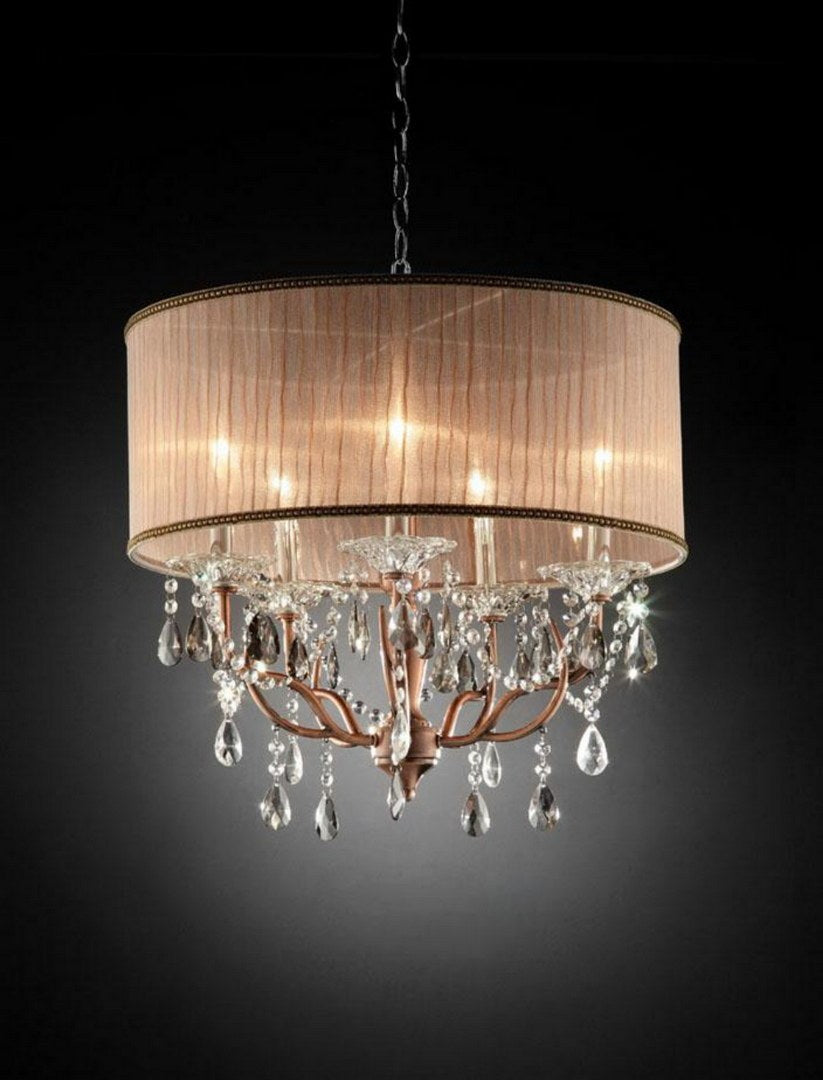 25" Tall Ceiling Lamp "Rosie" W Silvery Pink Finish And Crystal Accents, Shade Brown Metal