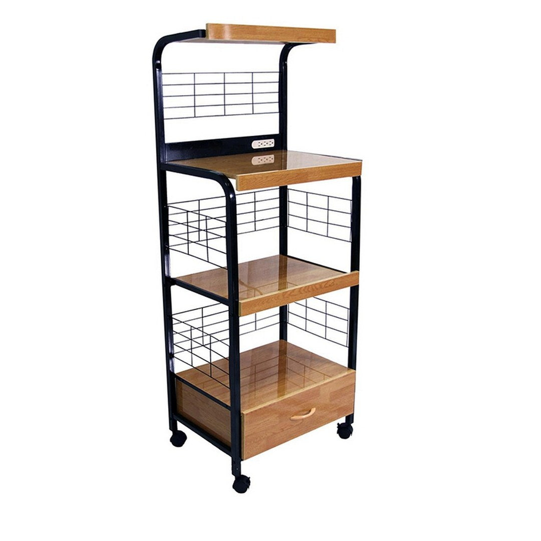 59.5" Tall 4 Tier Microwave Kitchen Cart With Drawer And Outlet, Black And Natural Multicolor Metal