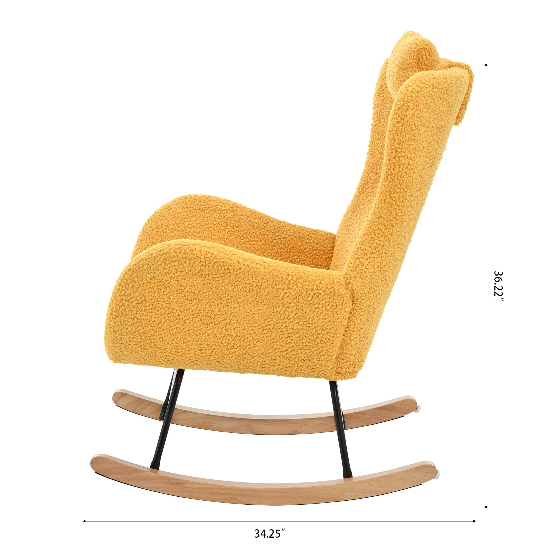 Rocking Chair Nursery, Teddy Upholstered Rocker Glider Chair With High Backrest, Adjustable Headrest & Pocket, Comfy Glider Chair For Nursery, Bedroom, Living Room, Offices, Rubber Wood, Yellow Yellow Polyester