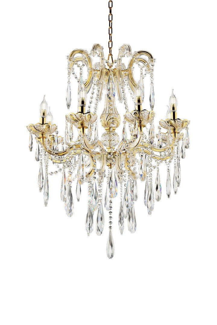 35" Tall" Luminere" 8 Led Light Chandelier With Crystals, Matte Gold And Crystal Multicolor Metal