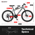 S2410224 Inch Mountain Bike Boys Girls, Steel Frame, Shimano 21 Speed Mountain Bicycle With Daul Disc Brakes And Front Suspension Mtb Grey Steel