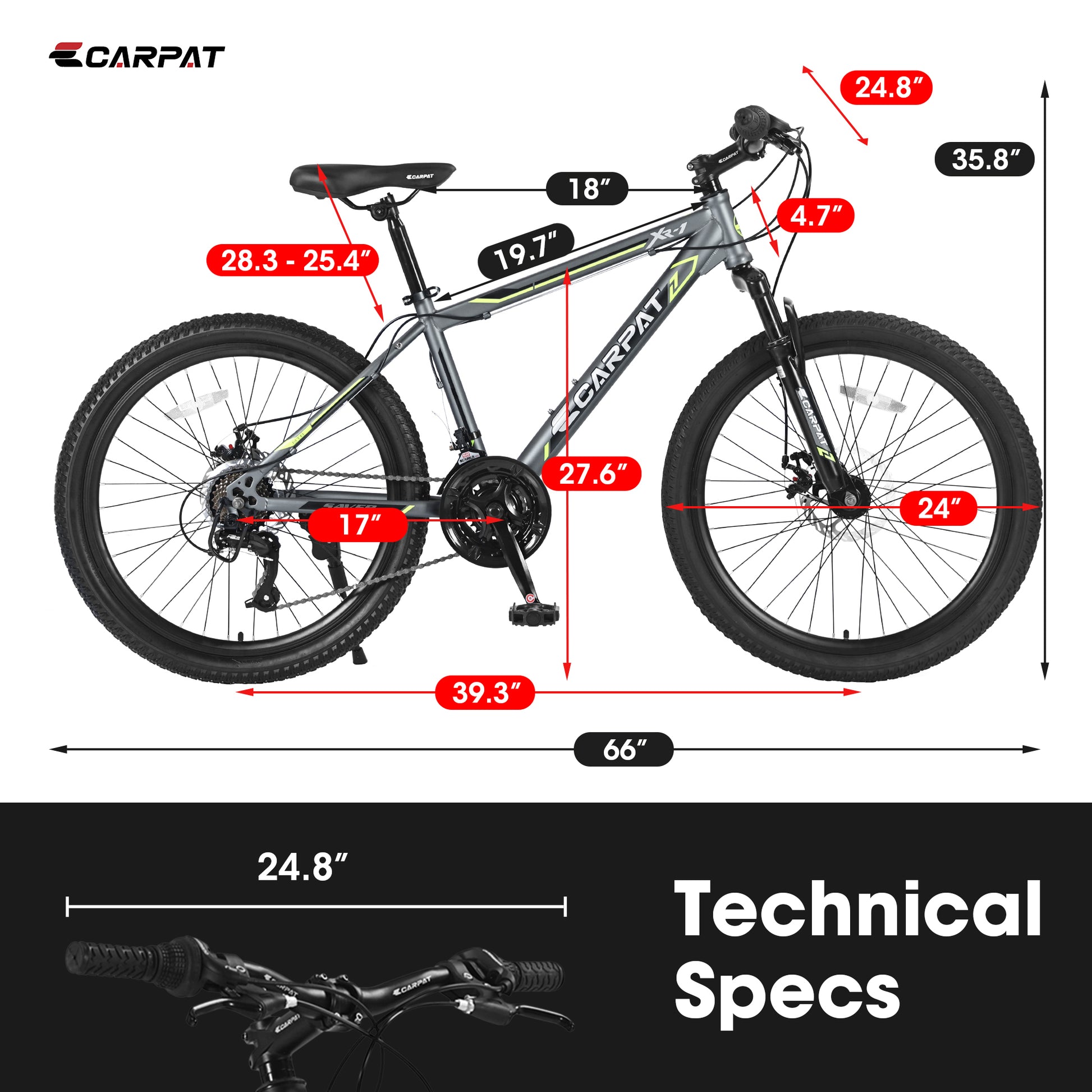 S2410224 Inch Mountain Bike Boys Girls, Steel Frame, Shimano 21 Speed Mountain Bicycle With Daul Disc Brakes And Front Suspension Mtb Grey Steel