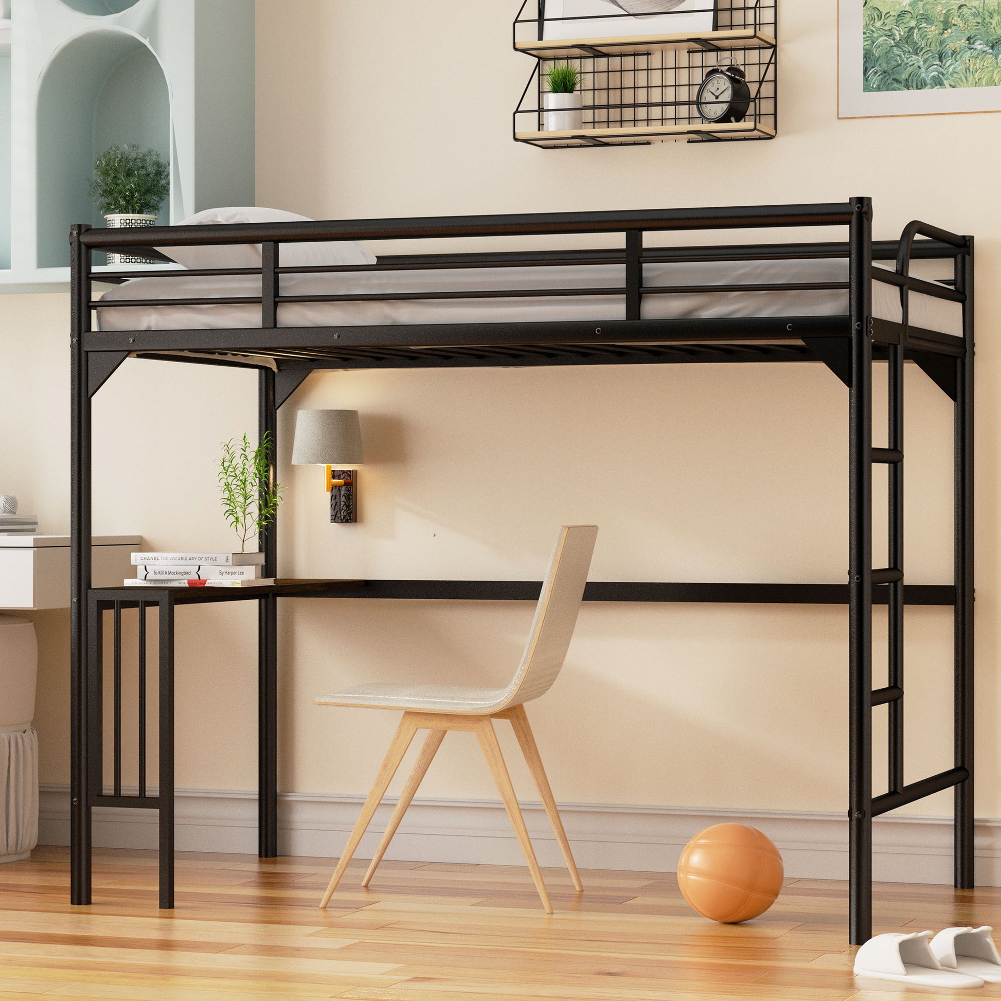 Twin Metal Loft Bed With Desk, Ladder And Guardrails,Bookdesk Under Bedblack Black Metal