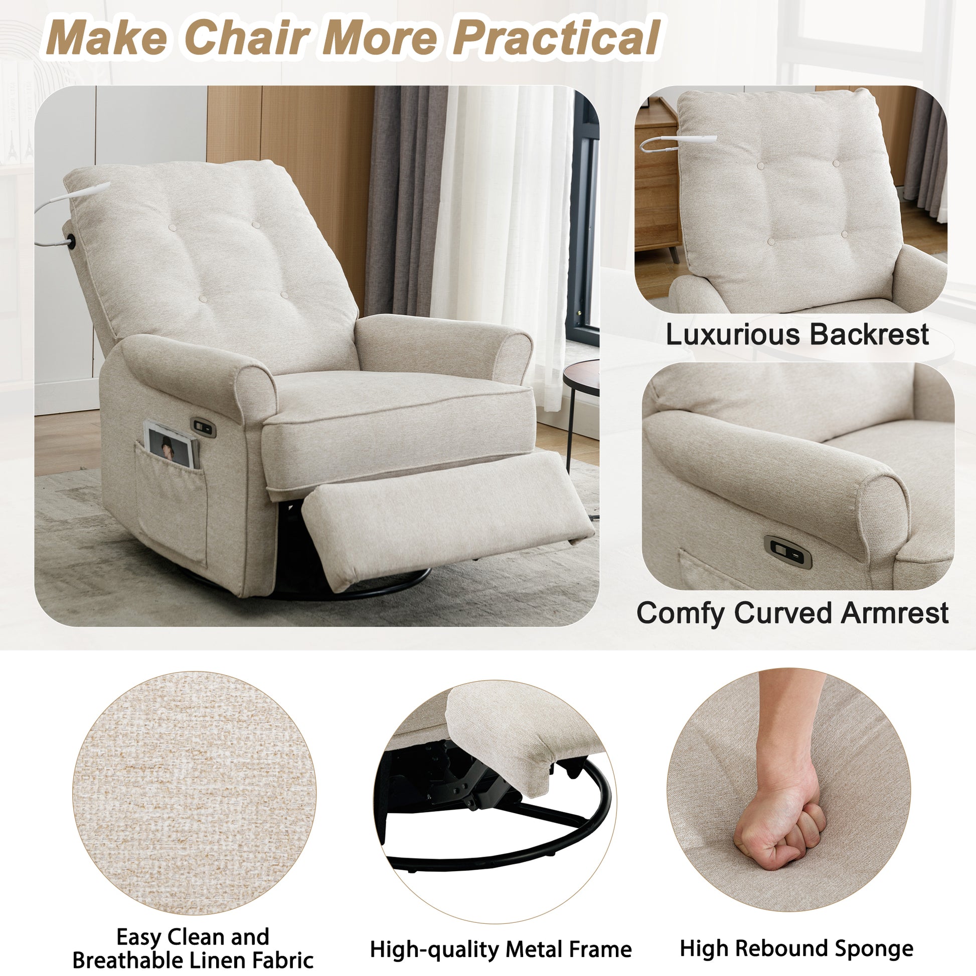 Reclining Chair 270 Degree Swivel Recliner Chairs With Usb Port, Side Pocket And Touch Sensitive Lamp For Living Room, Bedroom, Cream Cream Linen