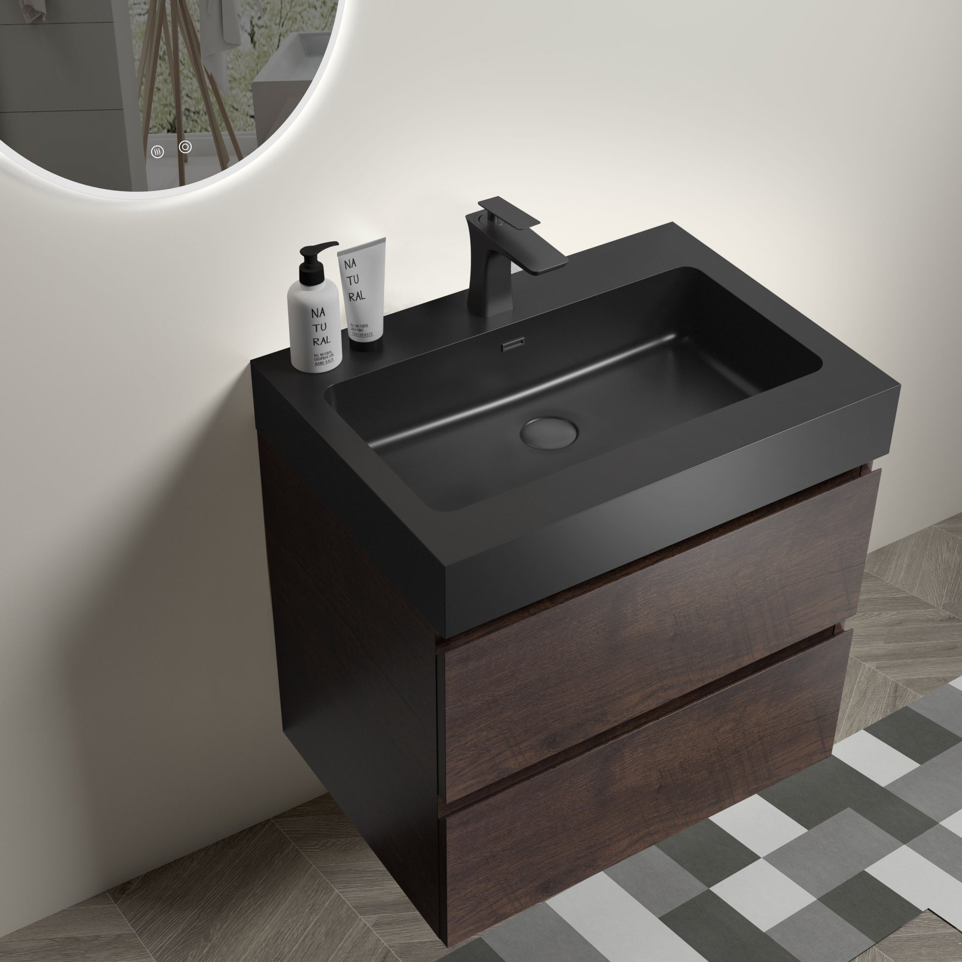 Alice 24" Walnut Bathroom Vanity With Sink, Large Storage Wall Mounted Floating Bathroom Vanity For Modern Bathroom, One Piece Black Sink Basin Without Drain And Faucet, Pre Assembled Walnut Black Melamine