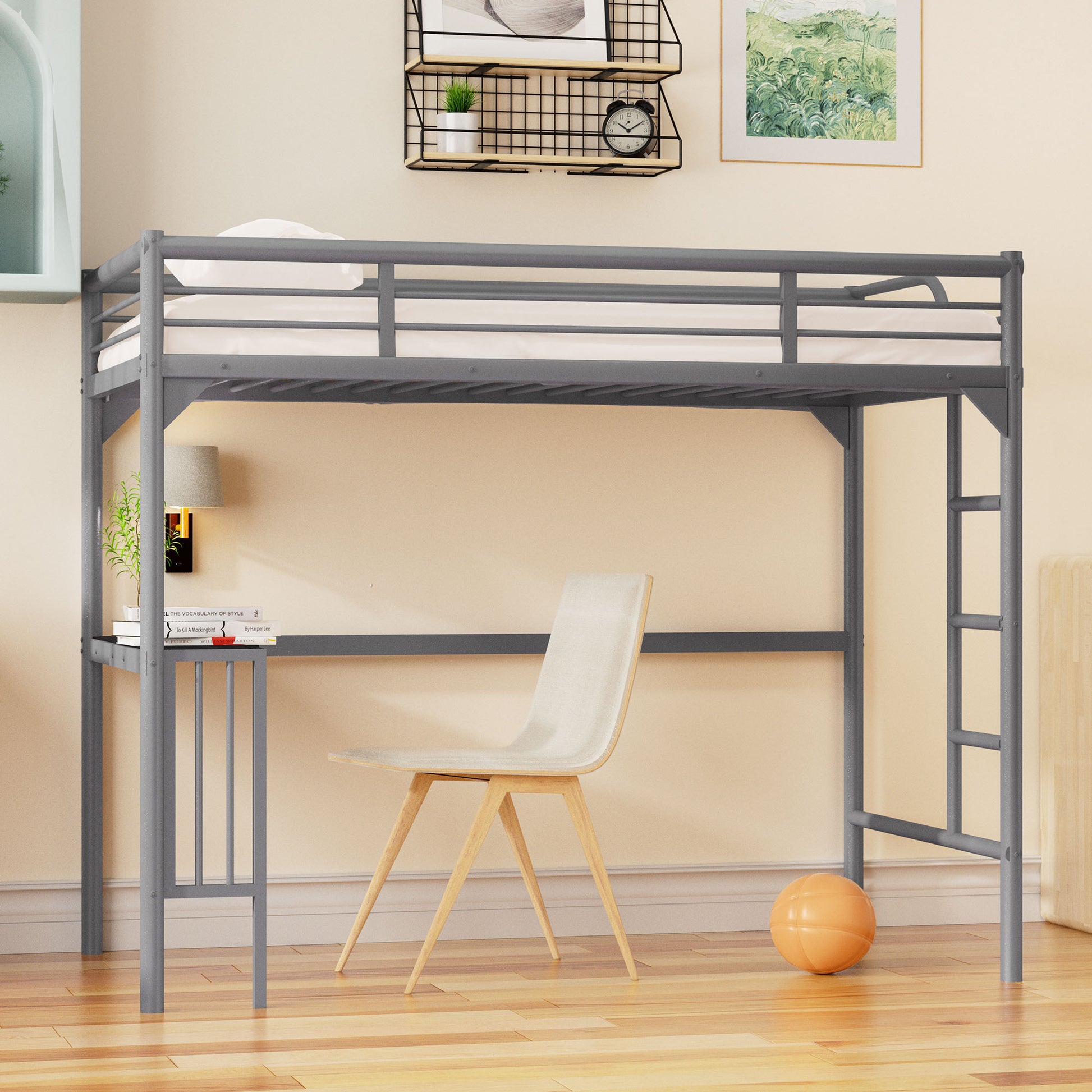 Twin Metal Loft Bed With Desk, Ladder And Guardrails, Bookdesk Under Bed, Silver Silver Metal