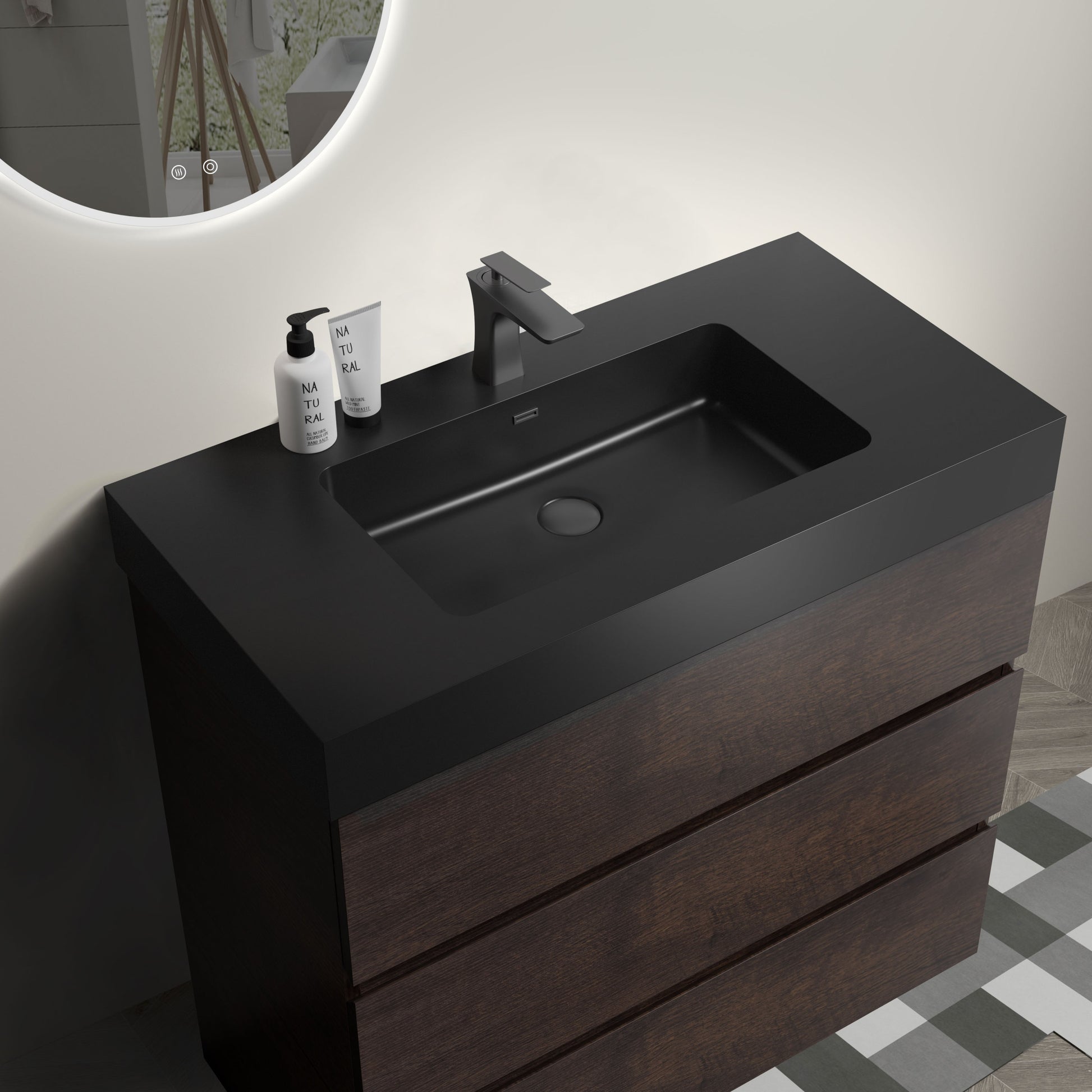 Alice 36" Walnut Bathroom Vanity With Sink, Large Storage Freestanding Bathroom Vanity For Modern Bathroom, One Piece Black Sink Basin Without Drain And Faucet, Pre Assembled Walnut Black Melamine