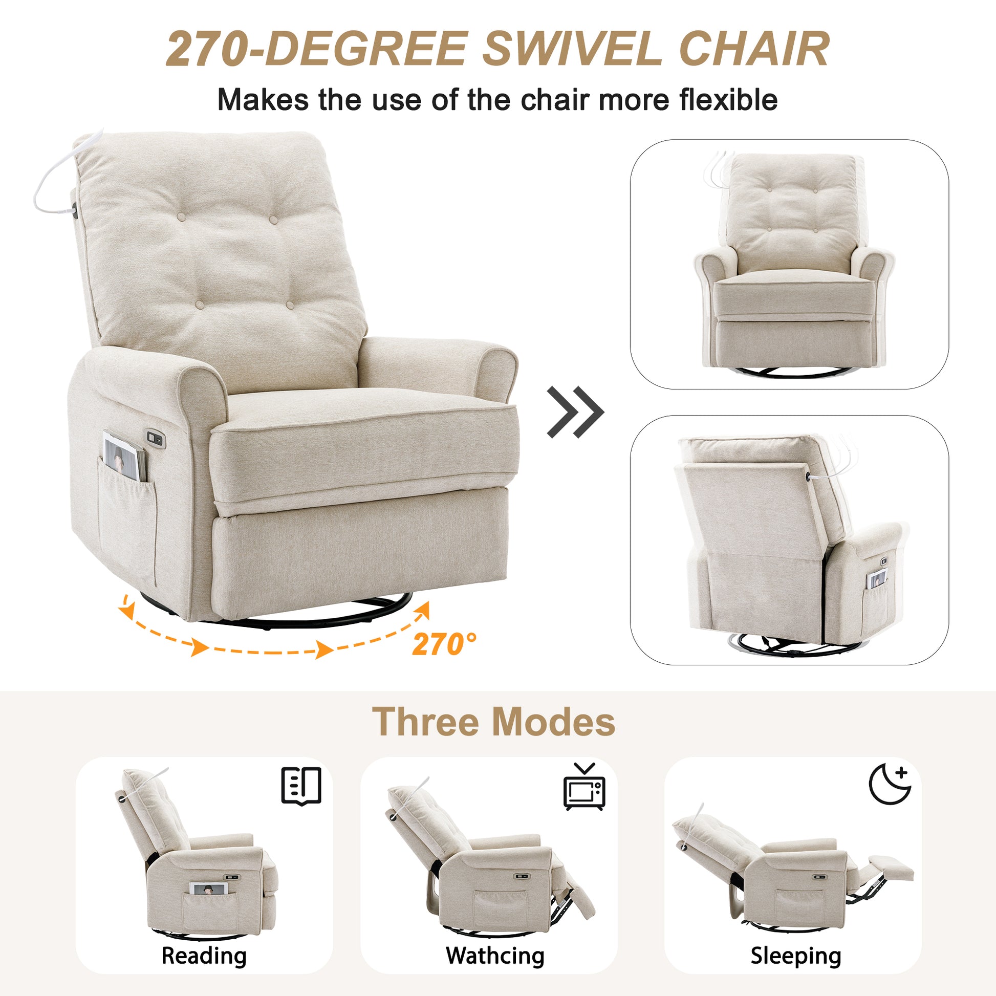 Reclining Chair 270 Degree Swivel Recliner Chairs With Usb Port, Side Pocket And Touch Sensitive Lamp For Living Room, Bedroom, Cream Cream Linen