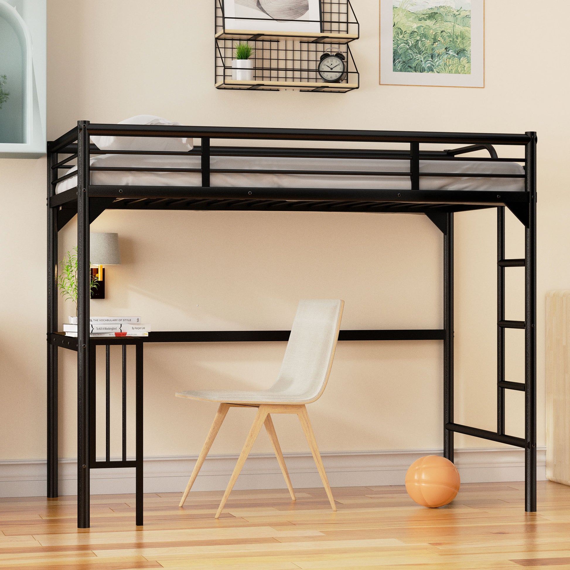 Twin Metal Loft Bed With Desk, Ladder And Guardrails,Bookdesk Under Bedblack Black Metal