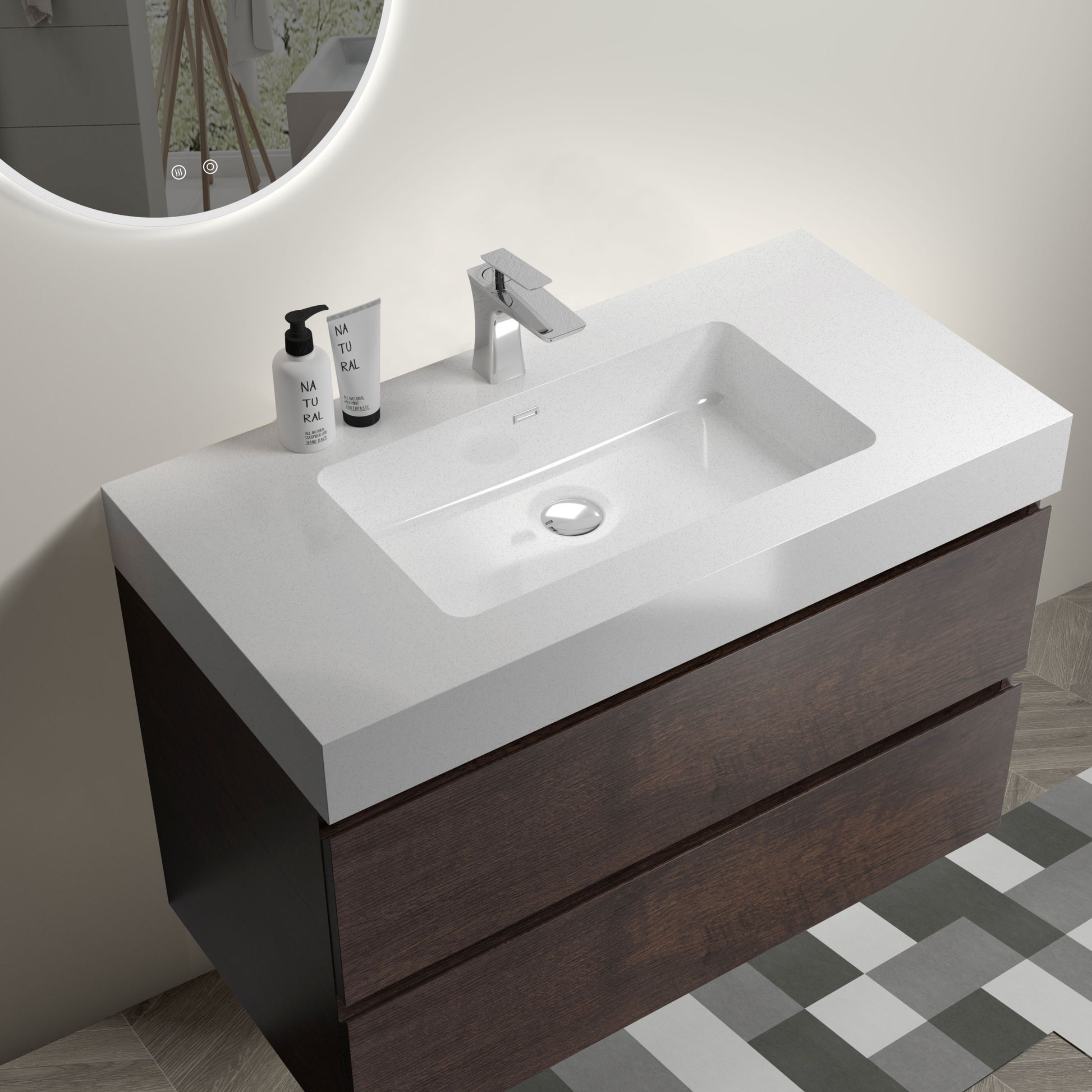 Alice 36" Walnut Bathroom Vanity With Sink, Large Storage Wall Mounted Floating Bathroom Vanity For Modern Bathroom, One Piece White Sink Basin Without Drain And Faucet, Pre Assembled White Walnut Melamine