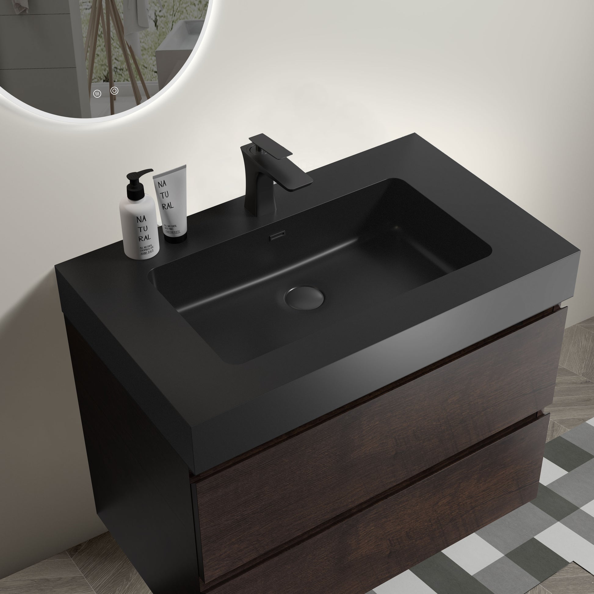 Alice 30" Walnut Bathroom Vanity With Sink, Large Storage Wall Mounted Floating Bathroom Vanity For Modern Bathroom, One Piece Black Sink Basin Without Drain And Faucet, Pre Assembled Walnut Black