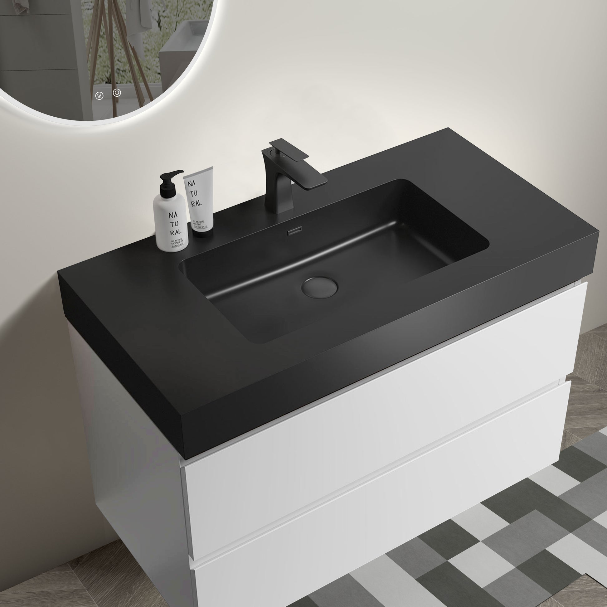 Alice 36" White Bathroom Vanity With Sink, Large Storage Wall Mounted Floating Bathroom Vanity For Modern Bathroom, One Piece Black Sink Basin Without Drain And Faucet, Pre Assembled White Black