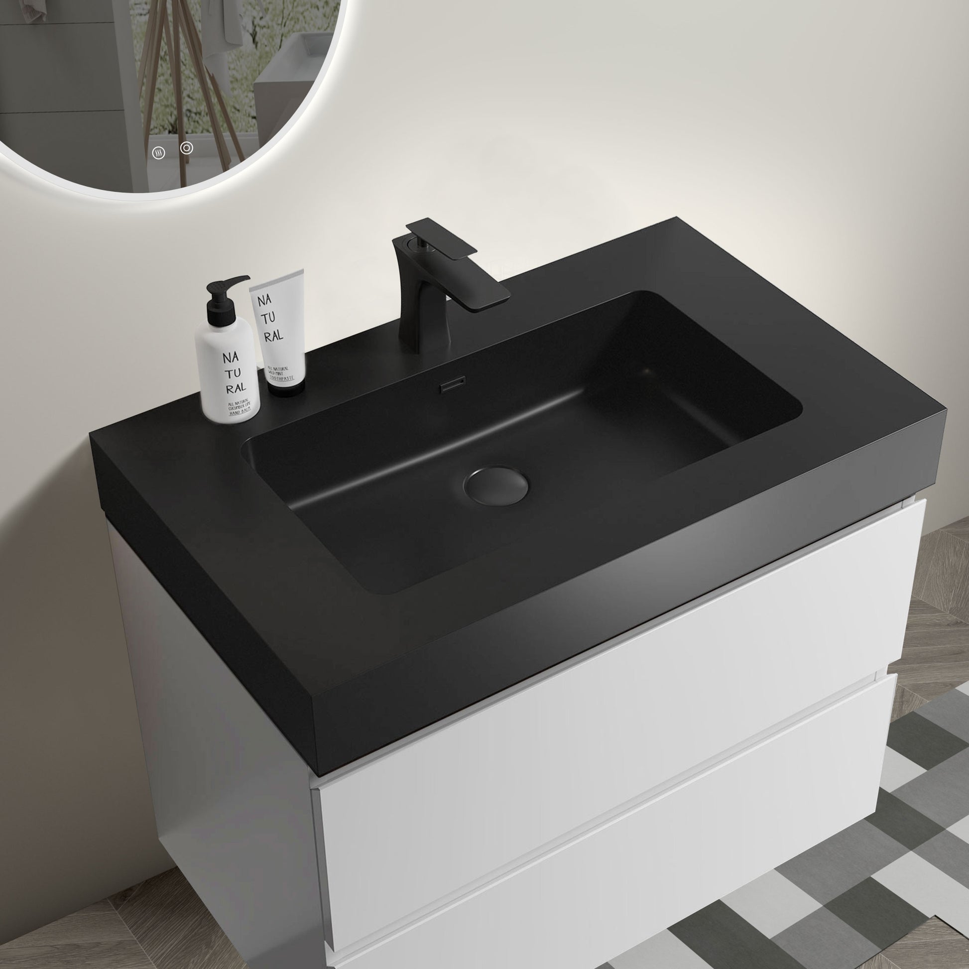 Alice 30" White Bathroom Vanity With Sink, Large Storage Wall Mounted Floating Bathroom Vanity For Modern Bathroom, One Piece Black Sink Basin Without Drain And Faucet, Pre Assembled White Black Melamine