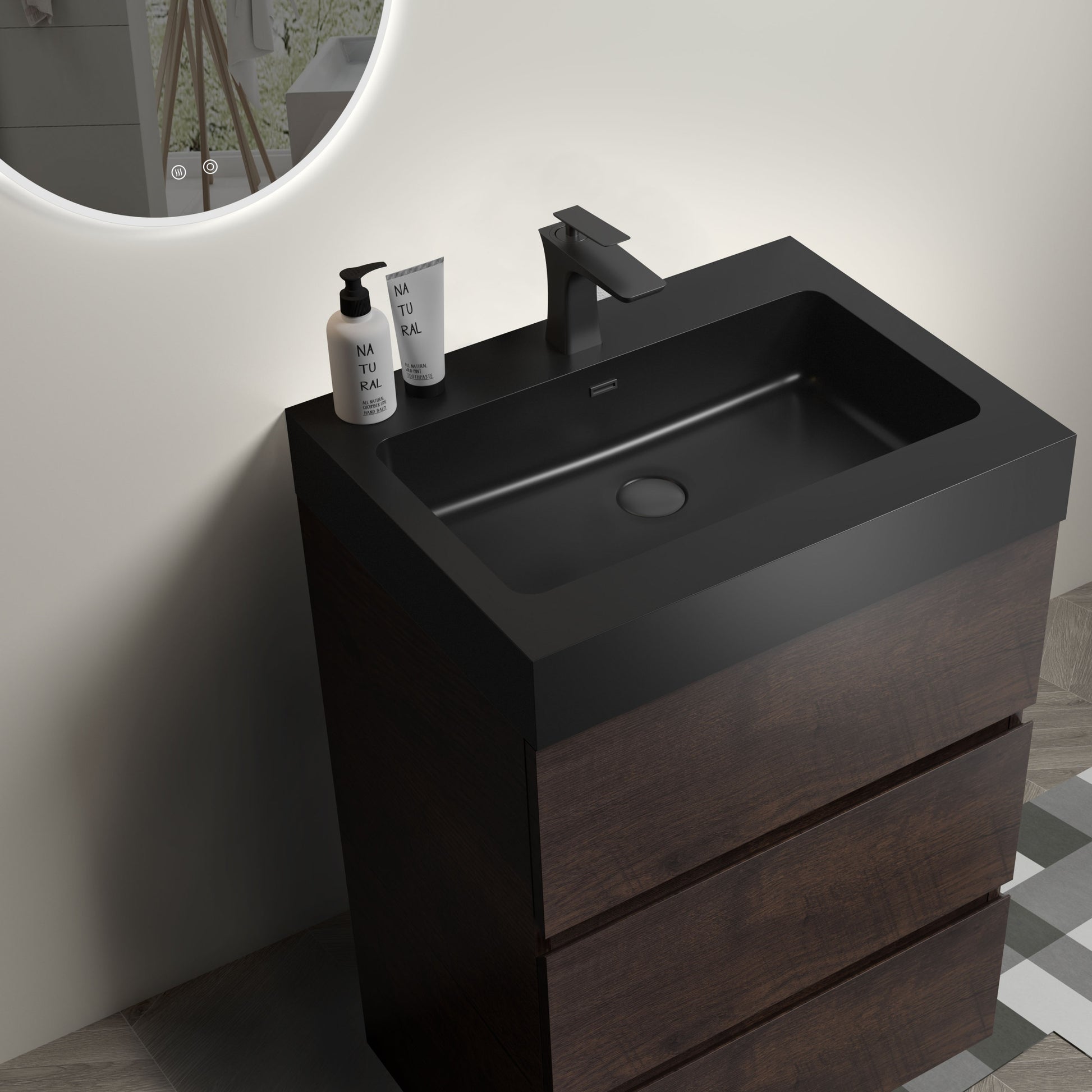 Alice 24" Walnut Bathroom Vanity With Sink, Large Storage Freestanding Bathroom Vanity For Modern Bathroom, One Piece Black Sink Basin Without Drain And Faucet, Pre Assembled Walnut Black Melamine