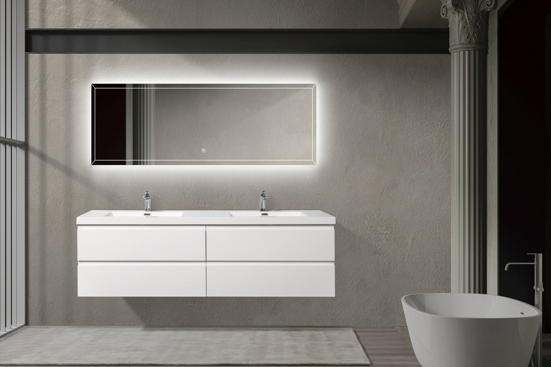 71'' Wall Mounted Double Bathroom Vanity In Gloss White With White Solid Surface Vanity Top Gloss White Melamine