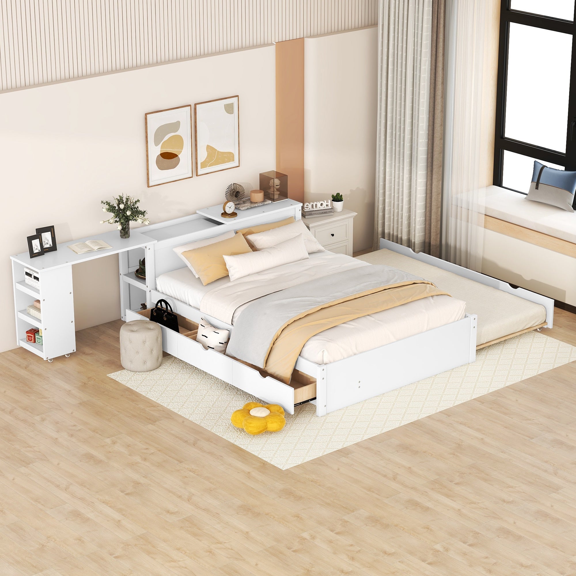 Full Size Platform Bed With A Rolling Shelf, White White Solid Wood Mdf