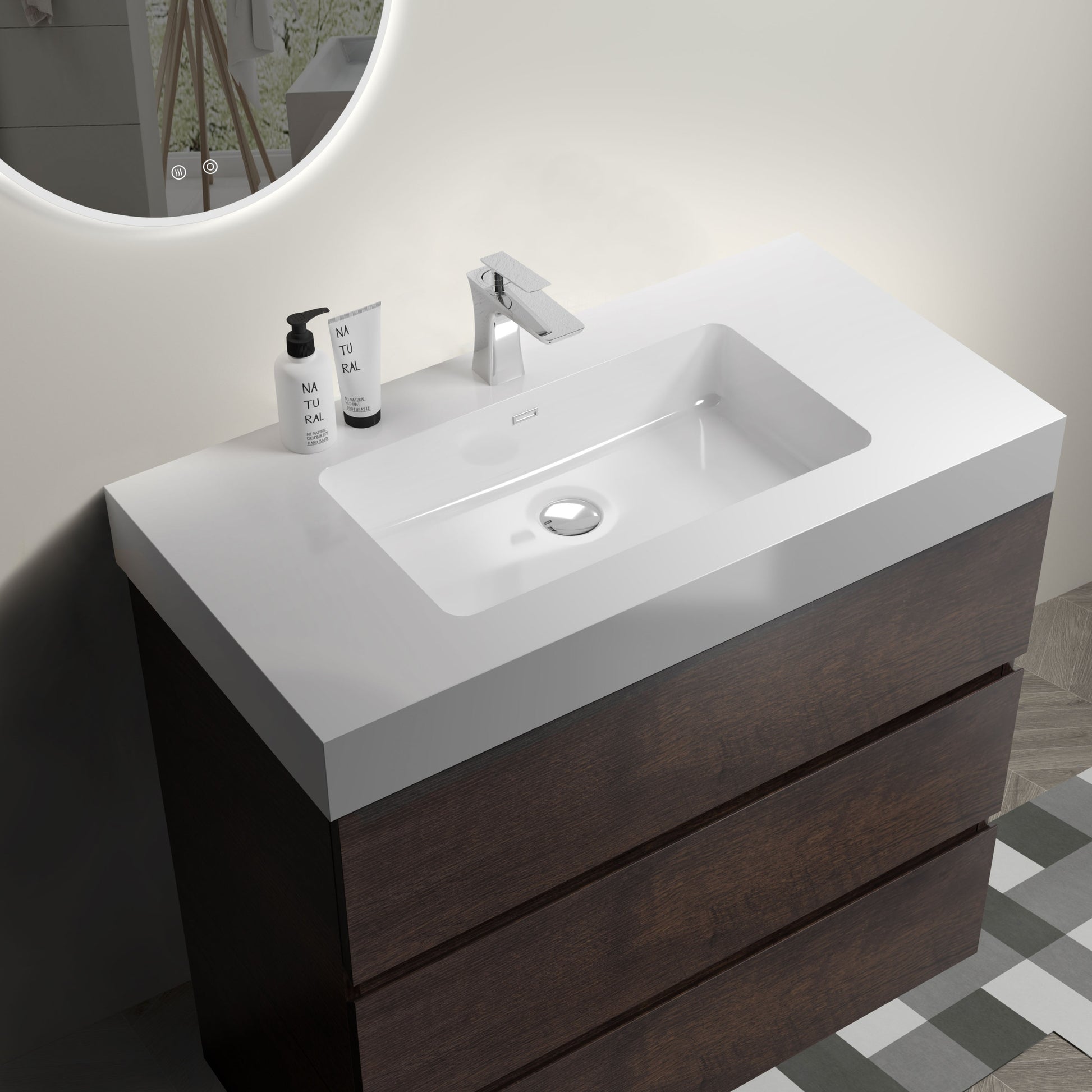 Alice 36" Walnut Bathroom Vanity With Sink, Large Storage Freestanding Bathroom Vanity For Modern Bathroom, One Piece White Sink Basin Without Drain And Faucet, Pre Assembled White Walnut Melamine