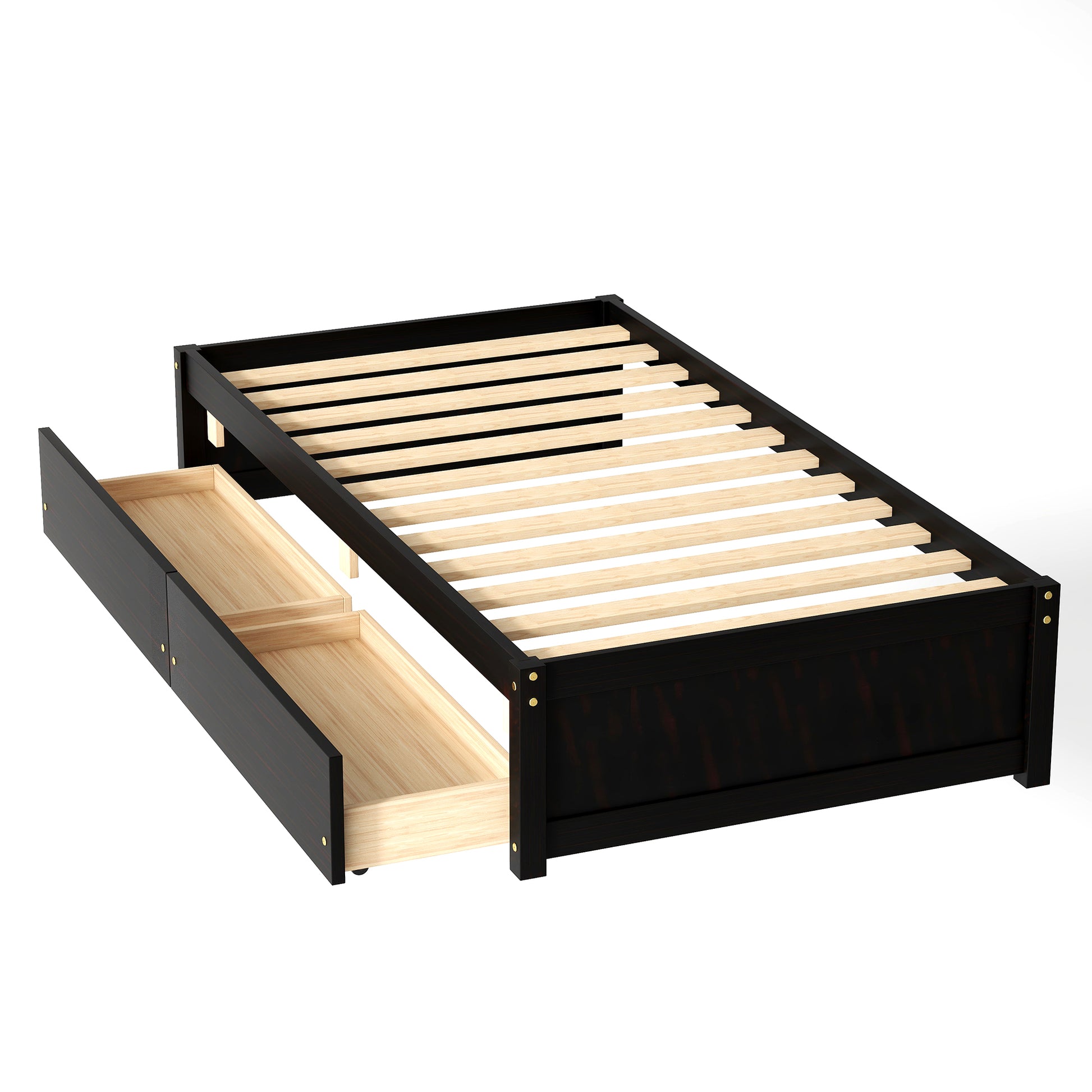 Twin Bed With 2 Drawers, Solid Wood, No Box Spring Needed ,Espresso Old Sku:W50441670 Twin Espresso Pine