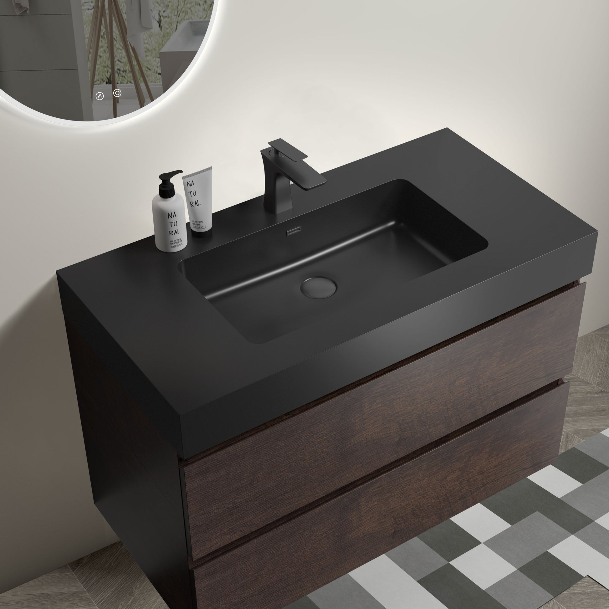 Alice 36" Walnut Bathroom Vanity With Sink, Large Storage Wall Mounted Floating Bathroom Vanity For Modern Bathroom, One Piece Black Sink Basin Without Drain And Faucet, Pre Assembled Walnut Black Melamine