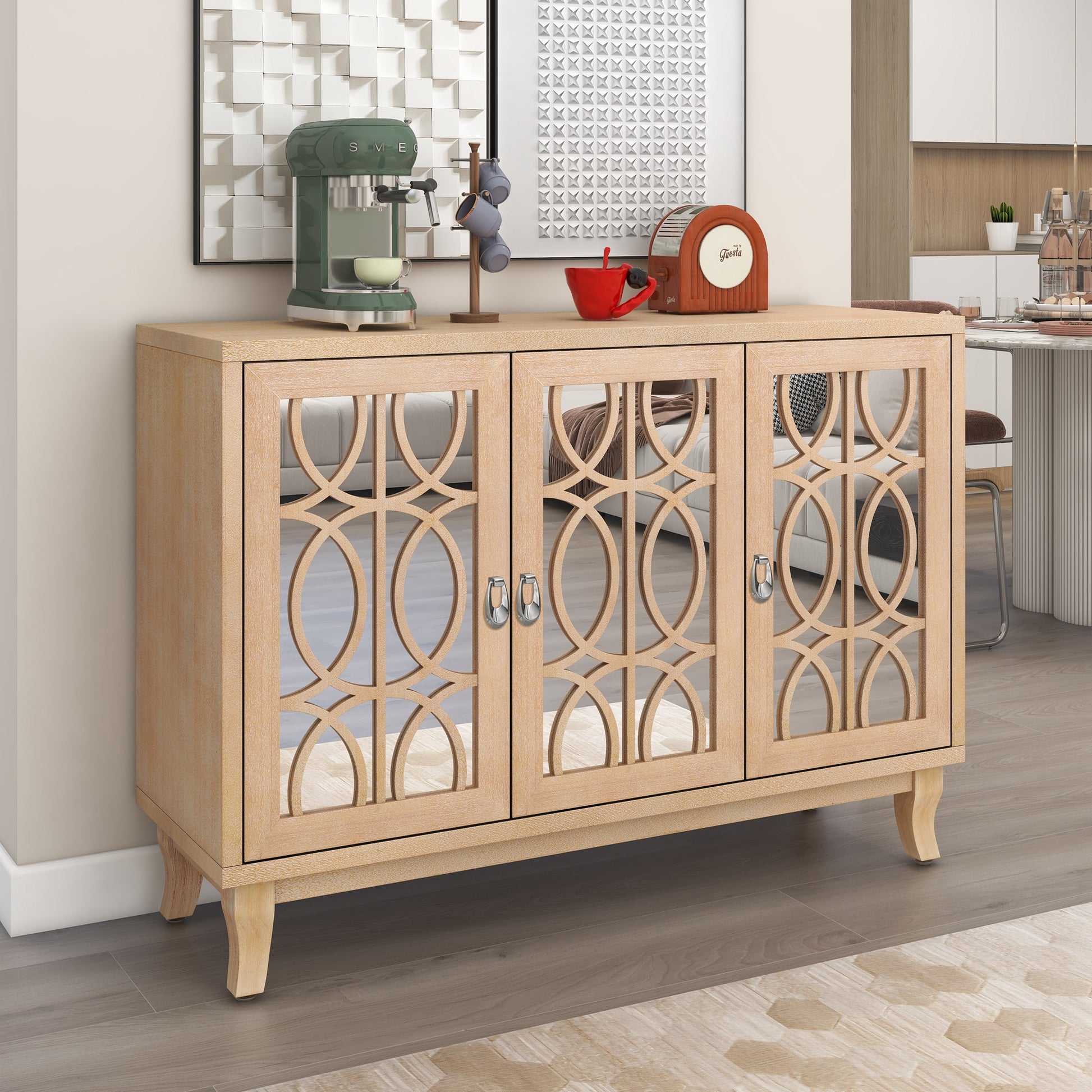 Sideboard With Glass Doors, 3 Door Mirrored Buffet Cabinet With Silver Handle For Living Room, Hallway, Dining Room Natural Wood Wash Natural Wood Wash Mdf