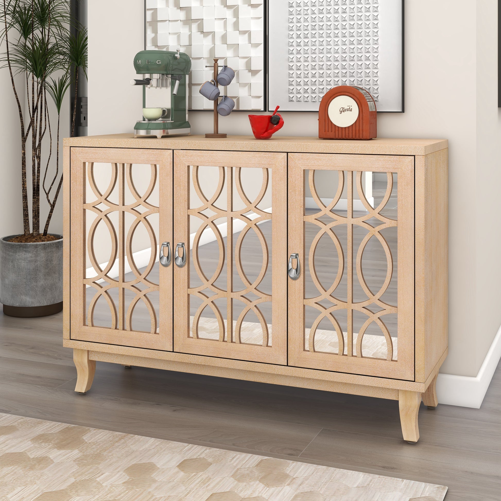 Sideboard With Glass Doors, 3 Door Mirrored Buffet Cabinet With Silver Handle For Living Room, Hallway, Dining Room Natural Wood Wash Natural Wood Wash Mdf