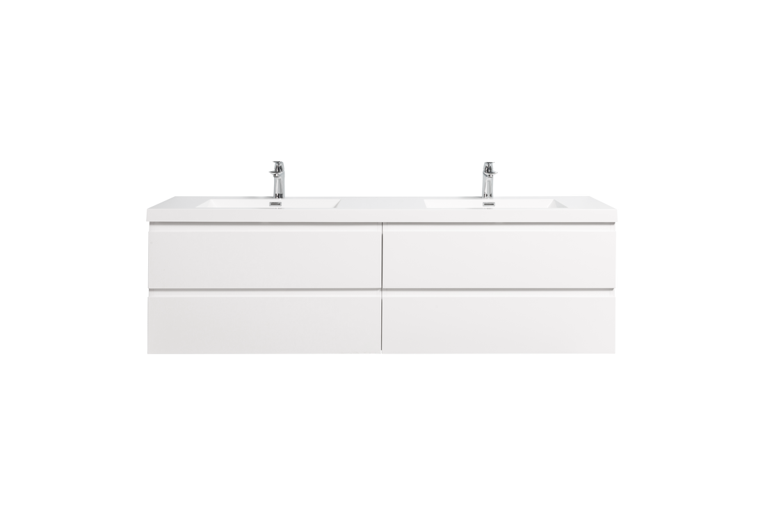 71'' Wall Mounted Double Bathroom Vanity In Gloss White With White Solid Surface Vanity Top Gloss White Melamine