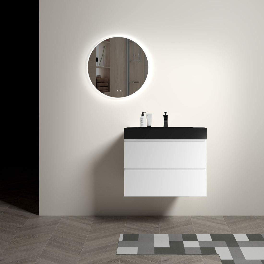 Alice 30" White Bathroom Vanity With Sink, Large Storage Wall Mounted Floating Bathroom Vanity For Modern Bathroom, One Piece Black Sink Basin Without Drain And Faucet, Pre Assembled White Black Melamine