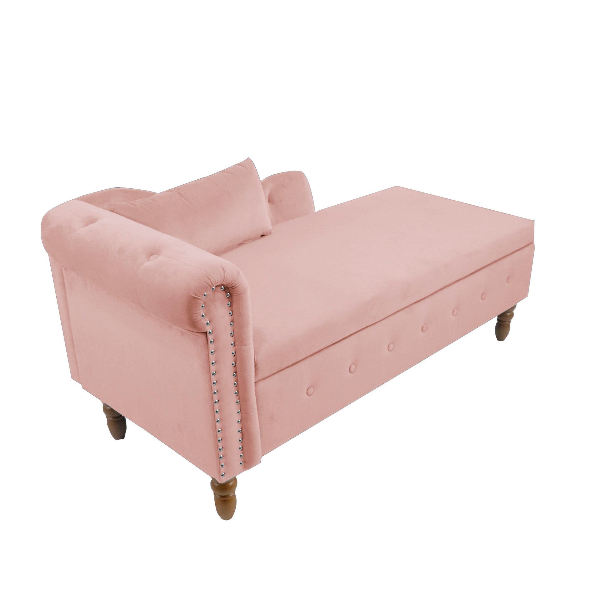 Pink Chaise Lounge Indoor,Velvet Lounge Chair For Bedroom With Storage & Pillow,Modern Upholstered Rolled Arm Chase Lounge For Sleeping With Trim For Living Room Bedroom Office Pink Velvet