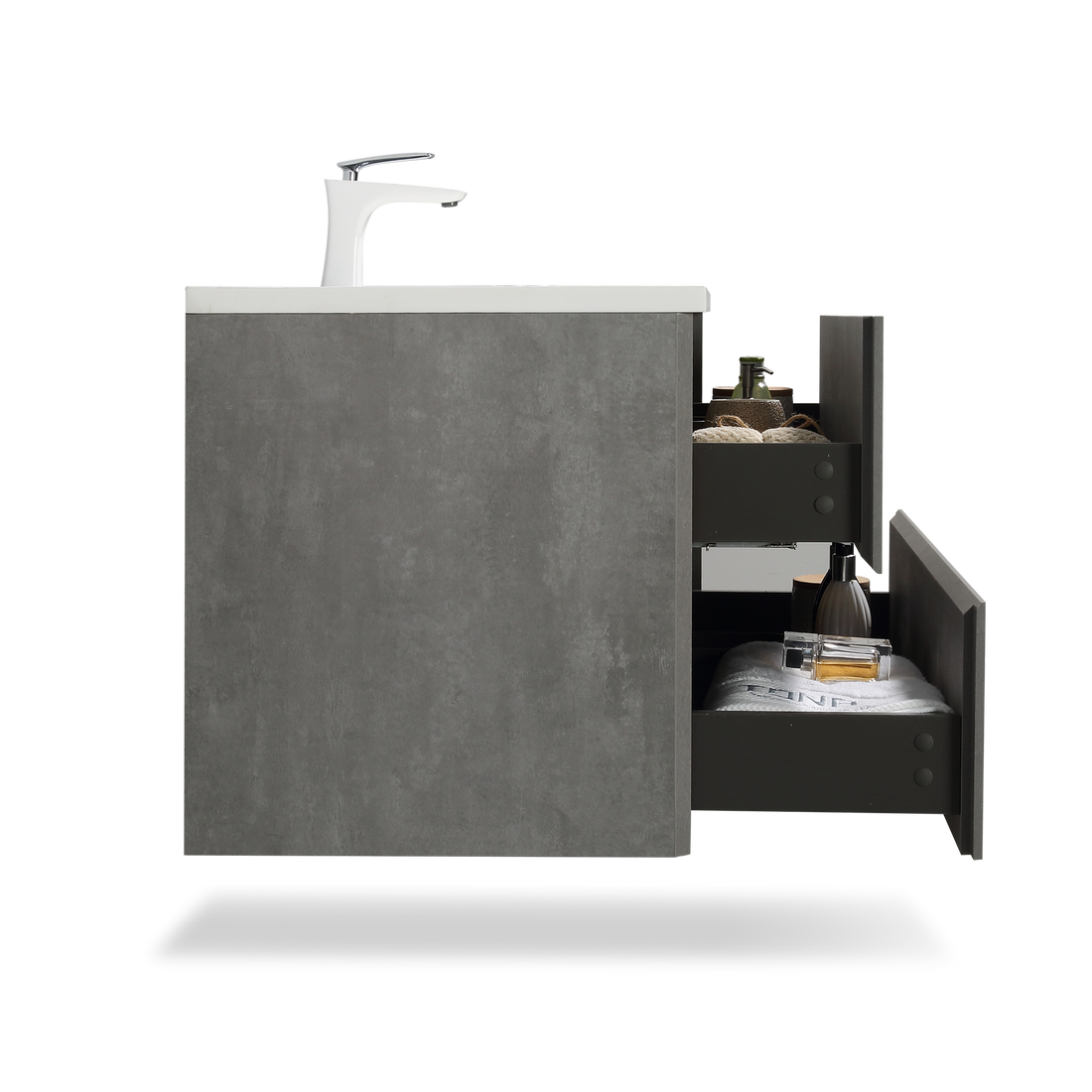 30' Wall Mounted Single Bathroom Vanity In Ash Gray With White Solid Surface Vanity Top Antique Grey White Mdf