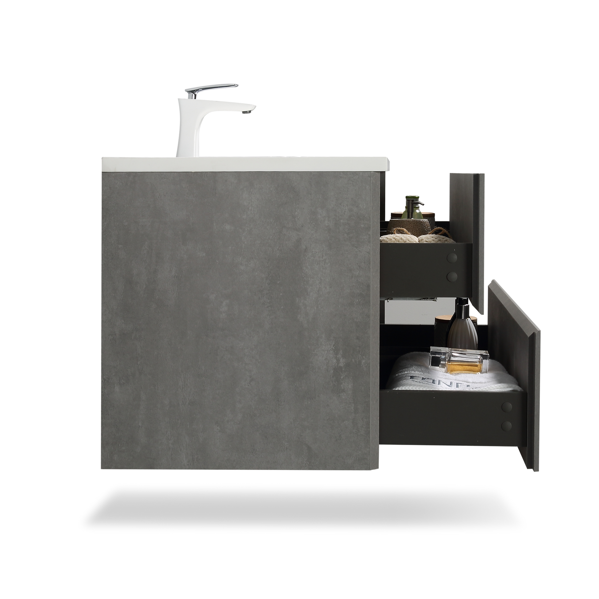 30'' Wall Mounted Single Bathroom Vanity In Ash Gray With White Solid Surface Vanity Top Antique White Melamine