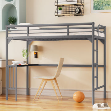 Twin Metal Loft Bed With Desk, Ladder And Guardrails, Bookdesk Under Bed, Silver Silver Metal