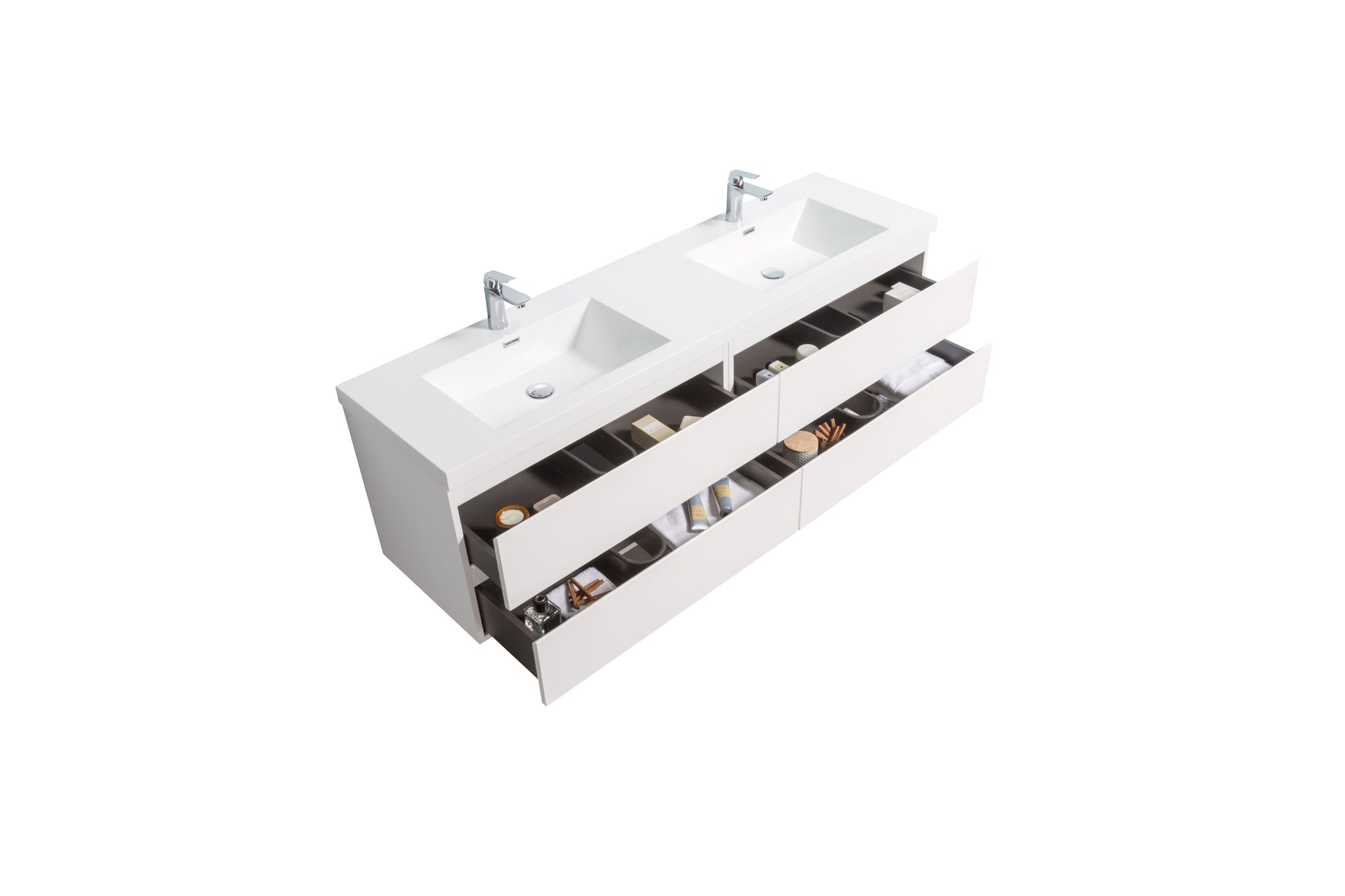 71'' Wall Mounted Double Bathroom Vanity In Gloss White With White Solid Surface Vanity Top Gloss White Melamine